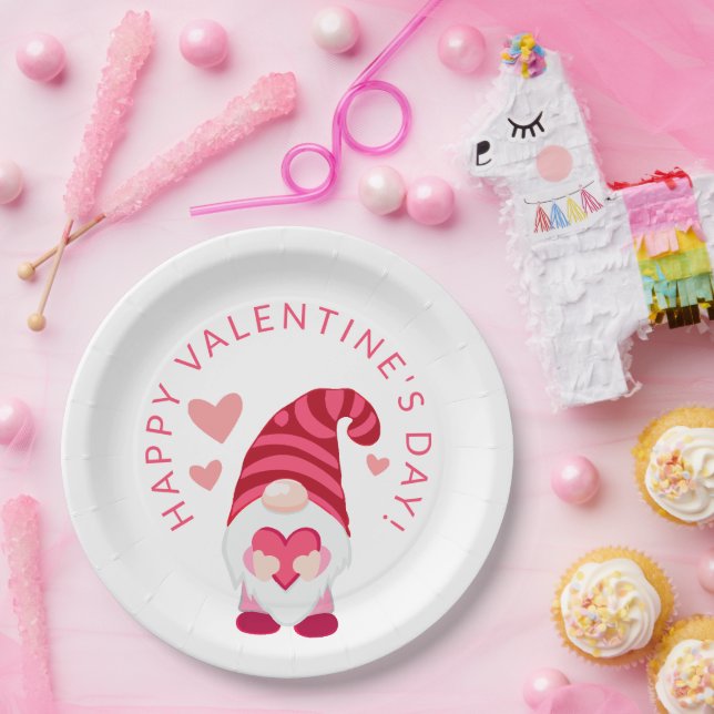 Cute Gnome Holding a Heart Valentine's Day Paper Plates (Party)