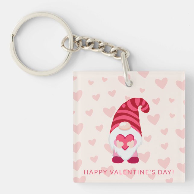 Cute Gnome Holding Heart Classroom Valentine's Day Keychain (Front)
