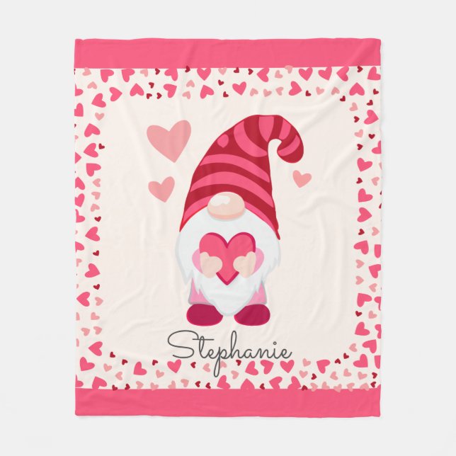 Cute Gnome Holding Heart Personalized  Fleece Blanket (Front)
