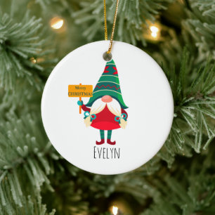 Cute Gnome Holding Placard with Greetings Ceramic Ornament