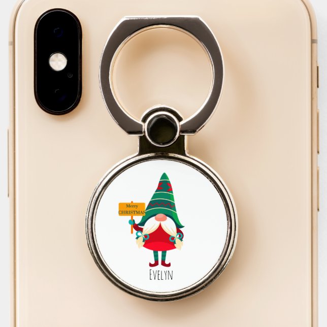 Cute Gnome Holding Placard with Greetings Phone Ring Stand (Close Up)