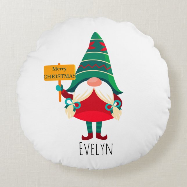 Cute Gnome Holding Placard with Greetings Round Pillow (Front)