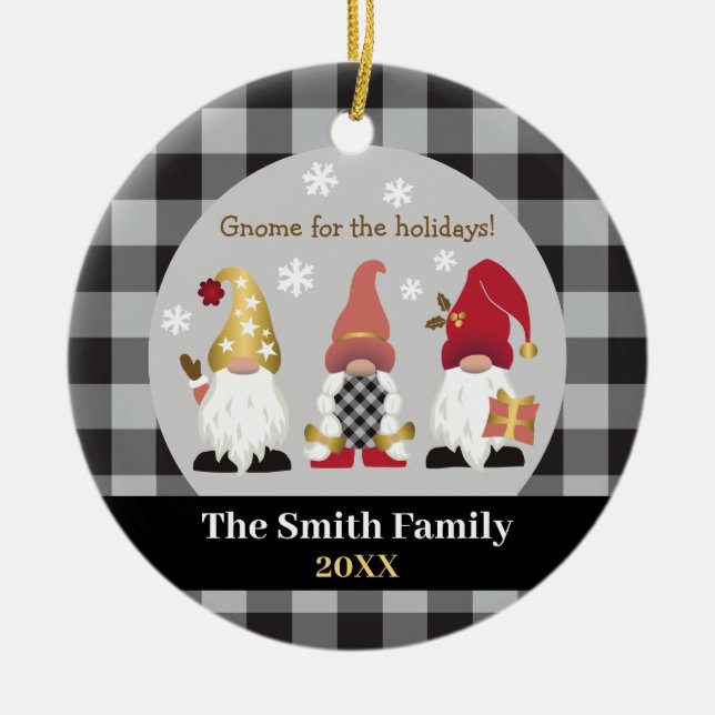 Cute Gnome Holidays Red Gold Black Buffalo Plaid Ceramic Ornament (Front)