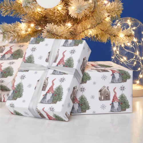 Cute Gnome House Tree Stars Pattern Christmas Wrapping Paper