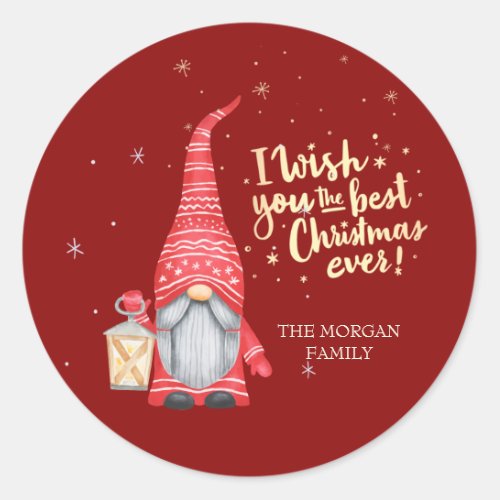 Cute GnomeI Wish You The Best Christmas Ever  Classic Round Sticker