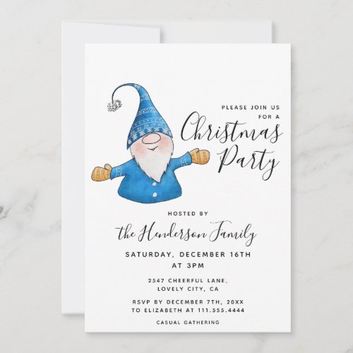 Cute Gnome in Blue Minimalism Christmas Party Invitation