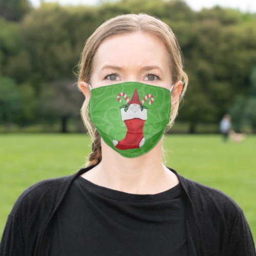Cute Gnome in Christmas Stocking Candy Canes Swirl Adult Cloth Face Mask