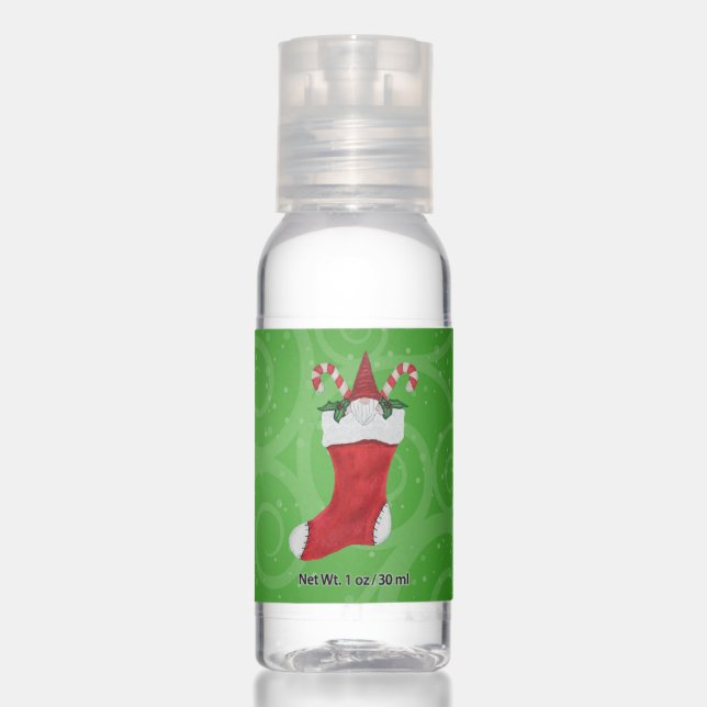 Cute Gnome in Christmas Stocking Green Swirls Hand Sanitizer (Front)