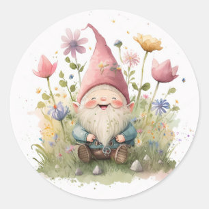 Cute Gnome In Garden Classic Round Sticker
