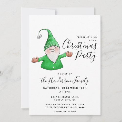 Cute Gnome in Green Minimalism Christmas Party Invitation