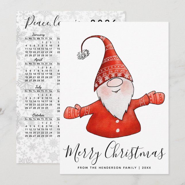 Cute Gnome in Red 2026 Calendar Merry Christmas Holiday Card (Front/Back)