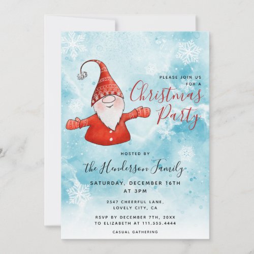 Cute Gnome in Red Blue Christmas Party Invitation