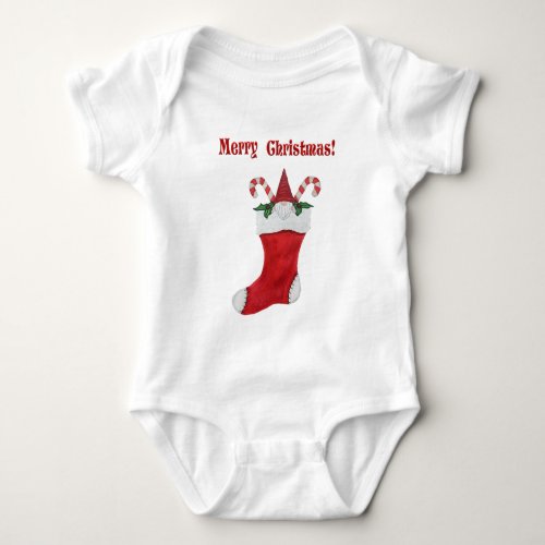 Cute Gnome in Red Christmas Stocking Candy Canes Baby Bodysuit