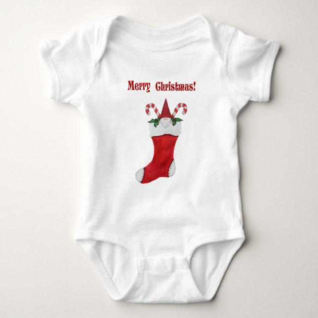 Cute Gnome in Red Christmas Stocking Candy Canes Baby Bodysuit (Front)