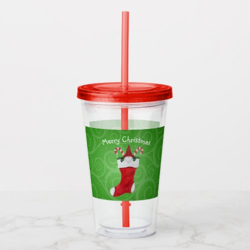 Cute Gnome in Red Christmas Stocking Green Swirls Acrylic Tumbler