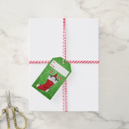 Cute Gnome in Red Christmas Stocking Green Swirls Gift Tags