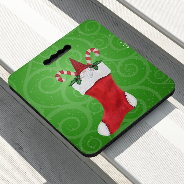 Cute Gnome in Red Christmas Stocking Swirled Green Seat Cushion (In Situ)