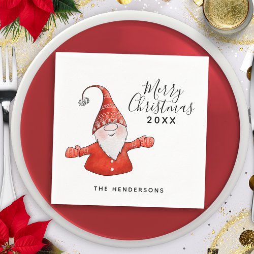 Cute Gnome in Red Merry Christmas Napkins