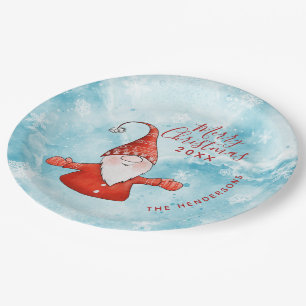 Cute Gnome in Red Modern Custom Merry Christmas Paper Plates