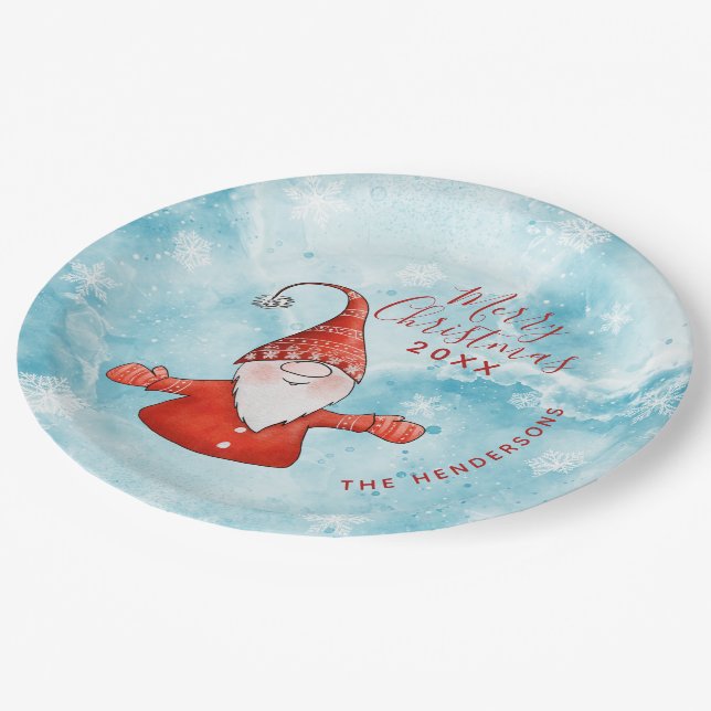 Cute Gnome in Red Modern Custom Merry Christmas Paper Plates (Angled)