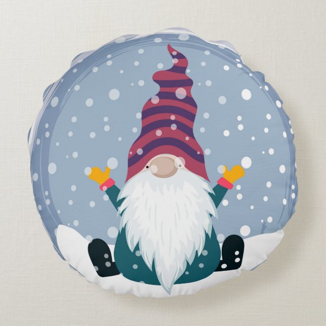 Cute Gnome in Snowfall Round Pillow (Back)
