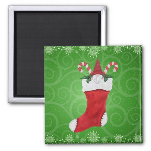 Cute Gnome in Stocking Green Swirls Snowflakes Magnet