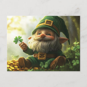 Cute gnome leprechaun with shamrocks and clovers holiday postcard