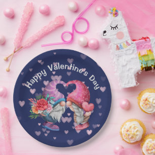 Cute Gnome Love and Hearts Valentine's Day Paper Plates