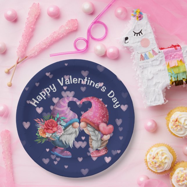 Cute Gnome Love and Hearts Valentine's Day Paper Plates (Party)