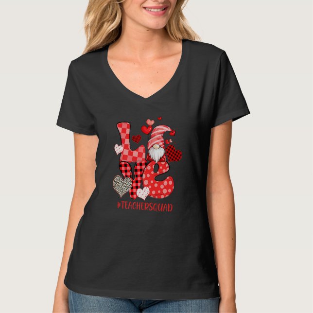 Cute Gnome Love Heart Leopard Plaid Teacher Squad  T-Shirt (Front)