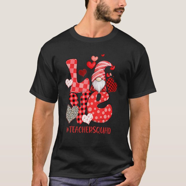 Cute Gnome Love Heart Leopard Plaid Teacher Squad  T-Shirt (Front)