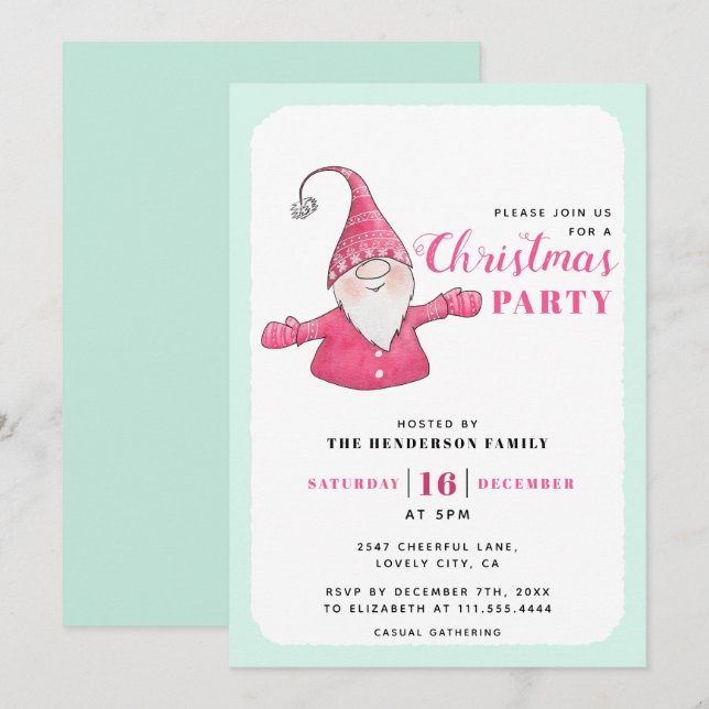 Cute Gnome Mint Green and Pink Christmas Party Invitation (Front/Back)