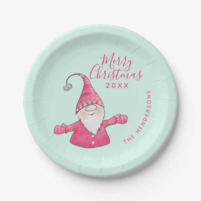 Cute Gnome Mint Green Pink Custom Merry Christmas Paper Plates (Front)