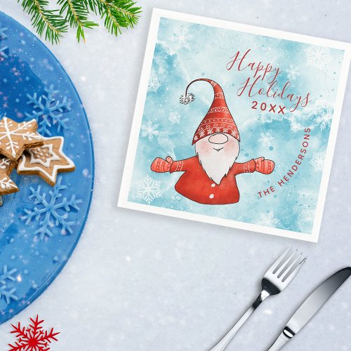 Cute Gnome Modern Blue Red Happy Holidays Napkins