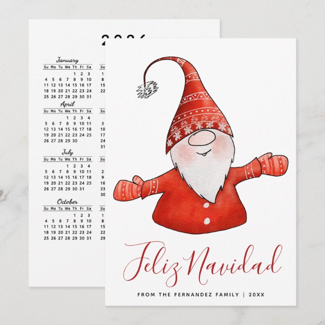 Cute Gnome Modern Feliz Navidad with 2026 Calendar Holiday Card (Front/Back)