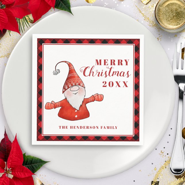 Cute Gnome Modern Personalized Merry Christmas Napkins (Creator Uploaded)