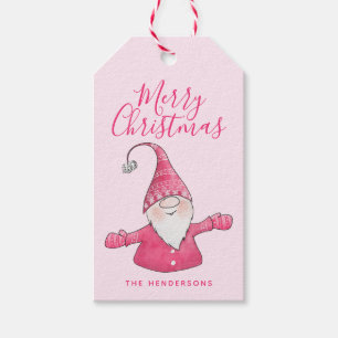 Cute Gnome Monogrammed Pink Merry Christmas Gift Tags
