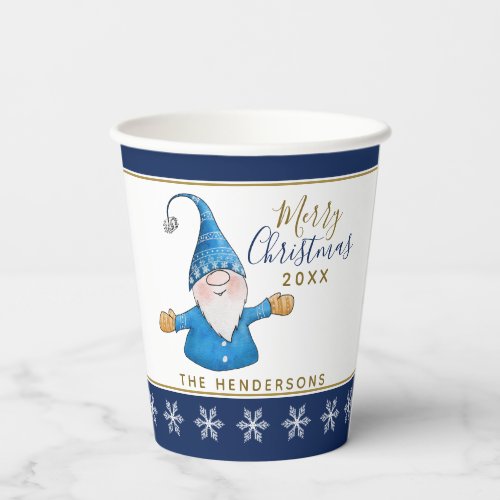 Cute Gnome Navy Blue White Christmas Party Paper Cups