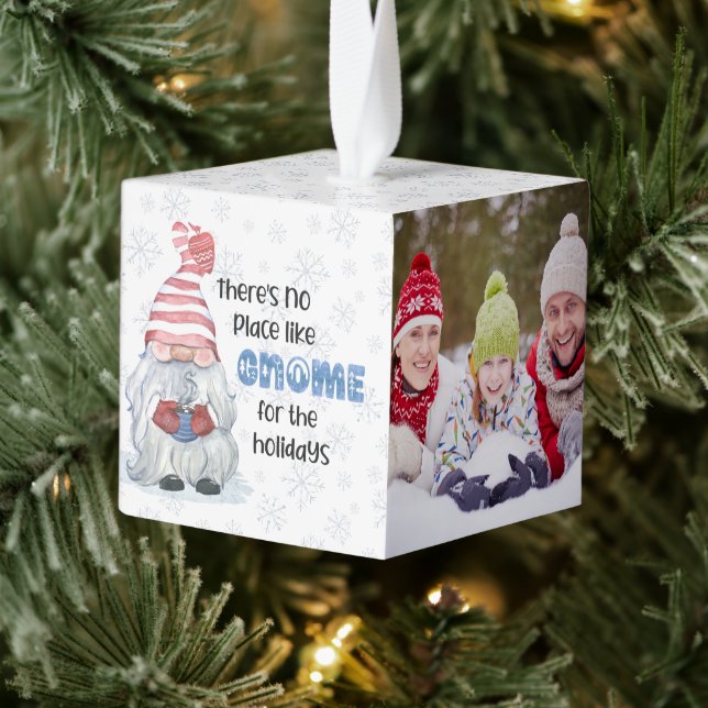 Cute Gnome No Place Like GNOME 2 Photos Cube Ornament (Tree)