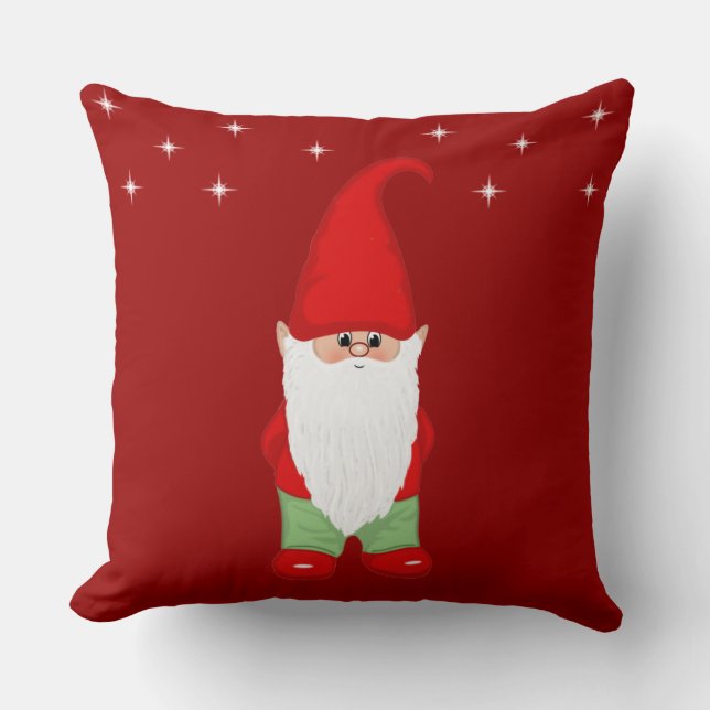 Cute Gnome on Crimson Red Throw Pillow (Front)