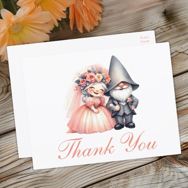 Cute Gnome Orange Wedding Thank You Rustic Boho Postcard (Creator Uploaded)