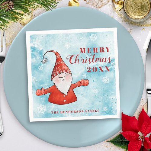 Cute Gnome Pastel Blue and Red Merry Christmas Napkins