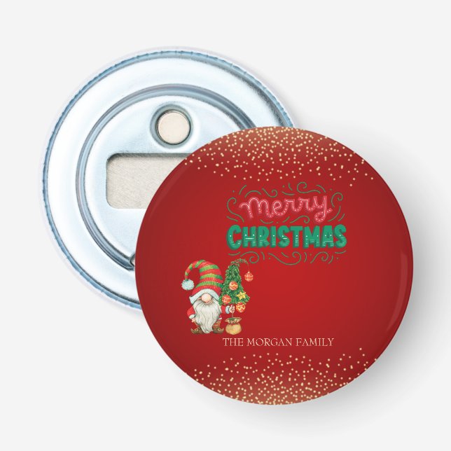 Cute Gnome Pine Tree Confetti Red Merry Christmas  Bottle Opener (Front)
