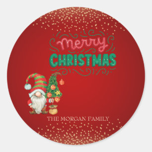 Cute Gnome Pine Tree Confetti Red Merry Christmas  Classic Round Sticker