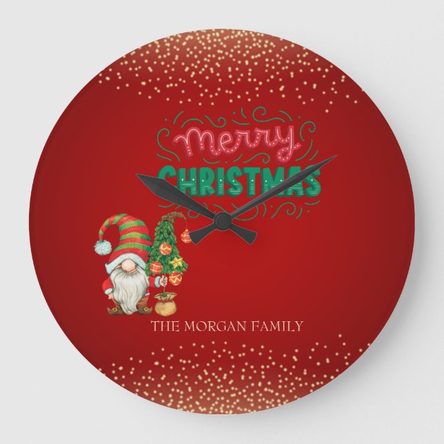Cute Gnome Pine Tree Confetti Red Merry Christmas  Large Clock (Front)