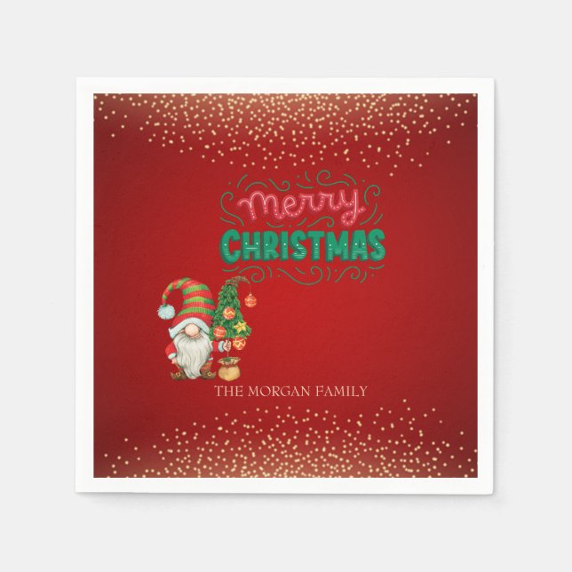 Cute Gnome Pine Tree Confetti Red Merry Christmas  Napkins (Front)