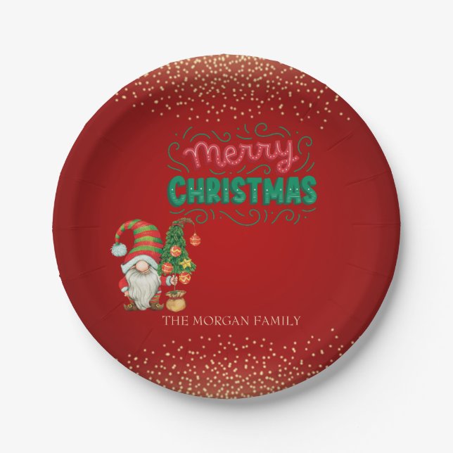 Cute Gnome Pine Tree Confetti Red Merry Christmas  Paper Plates (Front)