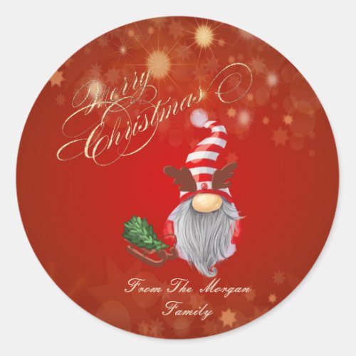 Cute Gnome Pine Tree Sleigh Christmas  Classic Round Sticker