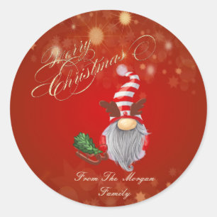 Cute Gnome Pine Tree Sleigh Christmas Classic Round Sticker