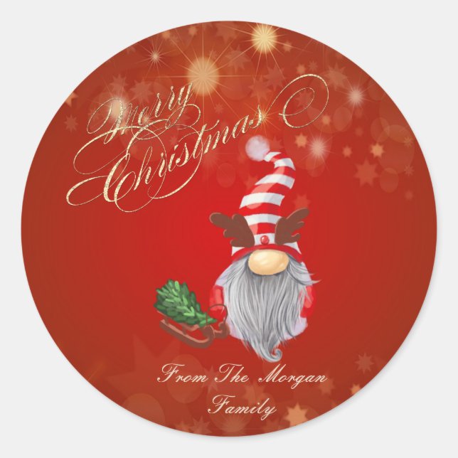 Cute Gnome Pine Tree Sleigh Christmas  Classic Round Sticker (Front)